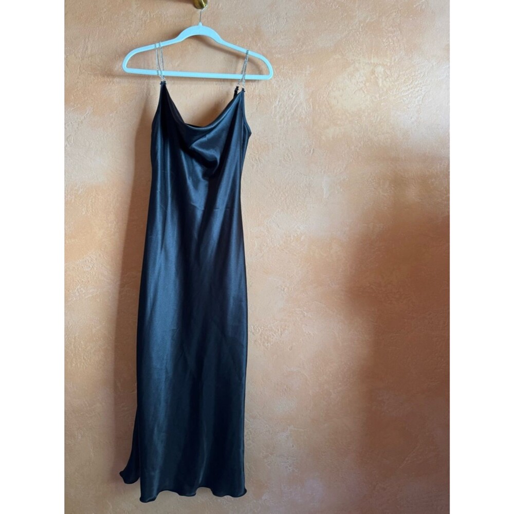 Nicole Miller Satin Slip Dress Rhinestone Strap Cowl Neck Midi Wedding Guest